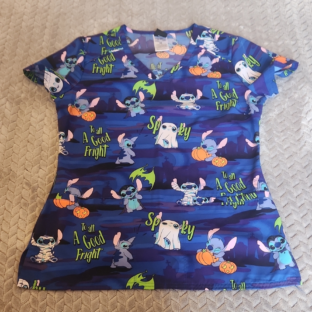 Disney Stitch Blue Halloween Graphic Scrub Top Size XS
